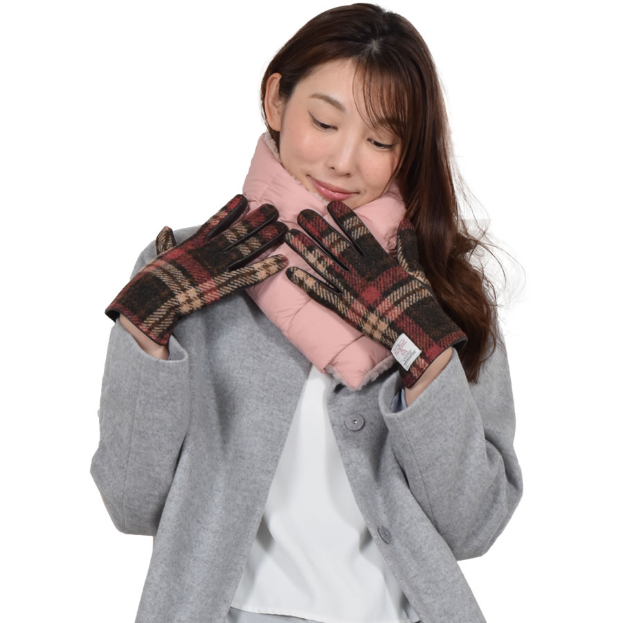 ダウンマフラー＆ハリスツイード 手袋 エコファー ギフト セット[Merfirge] Harris Tweed 本革 ラム革 レザー グローブ スマホ手袋 ウール クリスマス ギフト (XS2538)