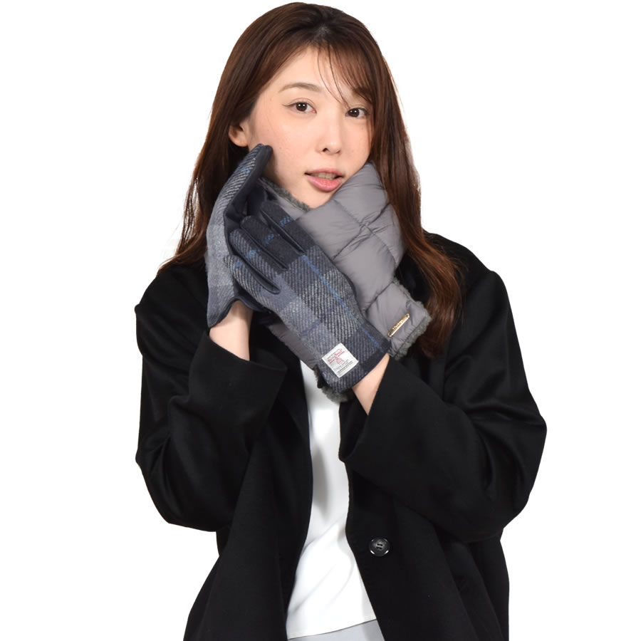 ダウンマフラー＆ハリスツイード 手袋 エコファー ギフト セット[Merfirge] Harris Tweed 本革 ラム革 レザー グローブ スマホ手袋 ウール クリスマス ギフト (XS2538)