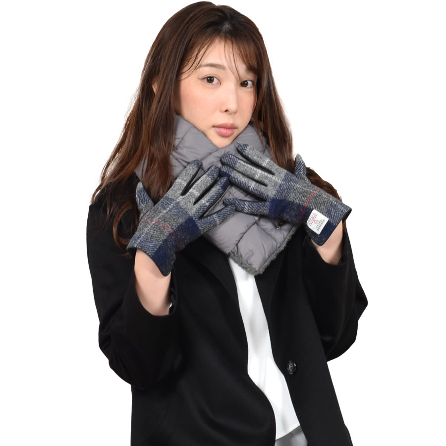 ダウンマフラー＆ハリスツイード 手袋 エコファー ギフト セット[Merfirge] Harris Tweed 本革 ラム革 レザー グローブ スマホ手袋 ウール クリスマス ギフト (XS2538)