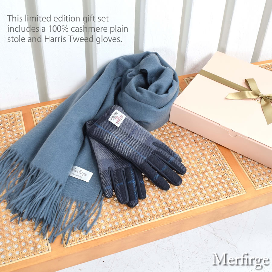 【名入れ刺繍対応】ギフトセット  [Merfirge] カシミヤ 100％ 無地 ストール ＆ ハリスツイード 手袋  Harris Tweed 本革 ラム革 レザー グローブ タッチパネル対応 スマホ対応 ウール レディース クリスマス ギフト プレゼント(xs1224)