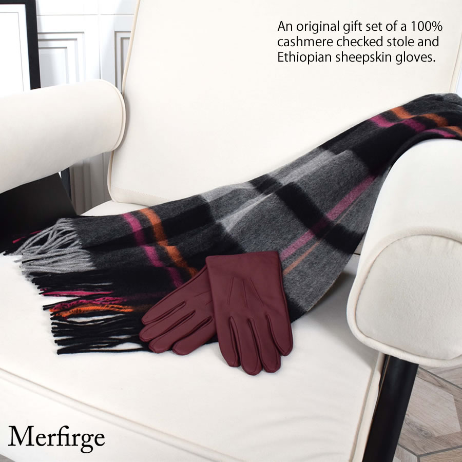 【公式限定名入れ刺繍無料】ギフトセット[Merfirge]  カシミヤ 100％ チェック柄 ストール ＆ レザー 手袋エチオピアシープ 本革 ラム革 レザー グローブ タッチパネル対応 スマホ対応 スマホ手袋  ウール レディース  クリスマス プレゼント(xs1225)