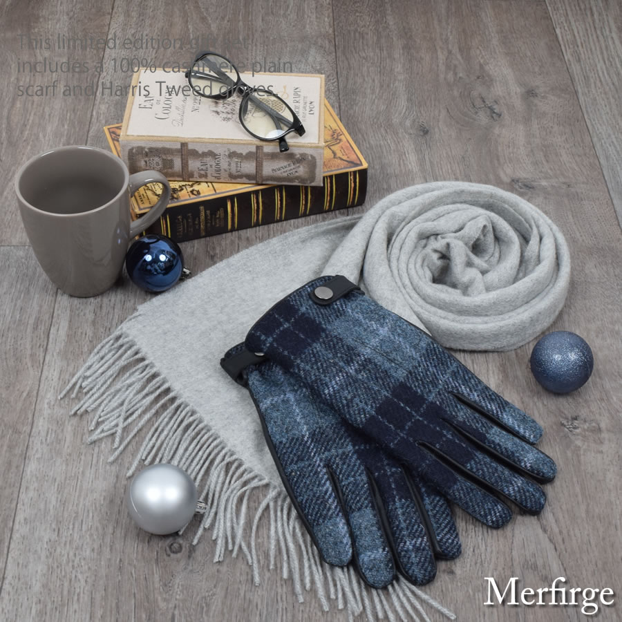 【名入れ刺繍対応】ギフトセット [Merfirge] メンズ カシミヤ 100％ マフラー ＆ ハリスツイード 手袋  ギフト セット  Harris Tweed 本革 ラム革 レザー グローブ  クリスマス ギフト プレゼント NEWギフトボックス (XS1228)