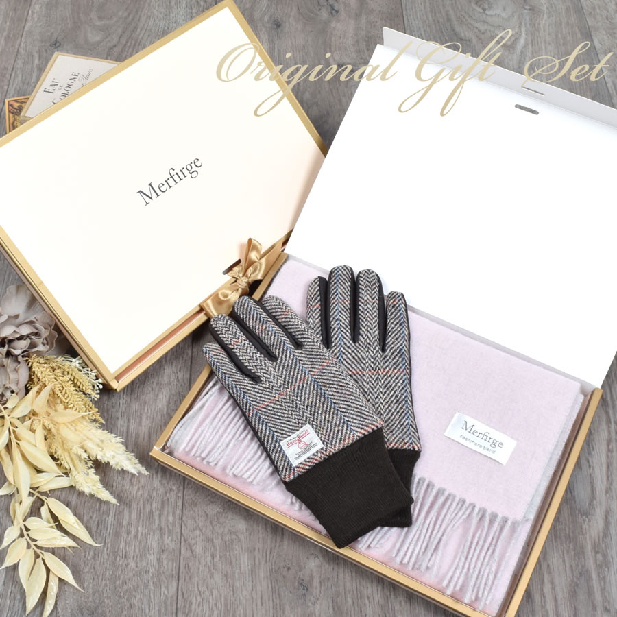 【名入れ刺繍対応】ギフトセット カシミヤ混 リバーシブル マフラー ＆  手袋  ギフト セット  【名入れ刺繍対応】[Merfirge]  グローブ スマホ対応  クリスマス ギフト プレゼント(xs2437)
