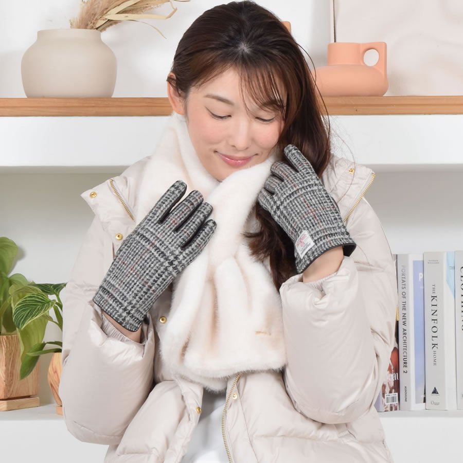 ファー マフラー＆ハリスツイード 手袋 エコファー ギフト セット[Merfirge] Harris Tweed 本革 ラム革 レザー グローブ  スマホ手袋 ウール クリスマス ギフト (XS2530)