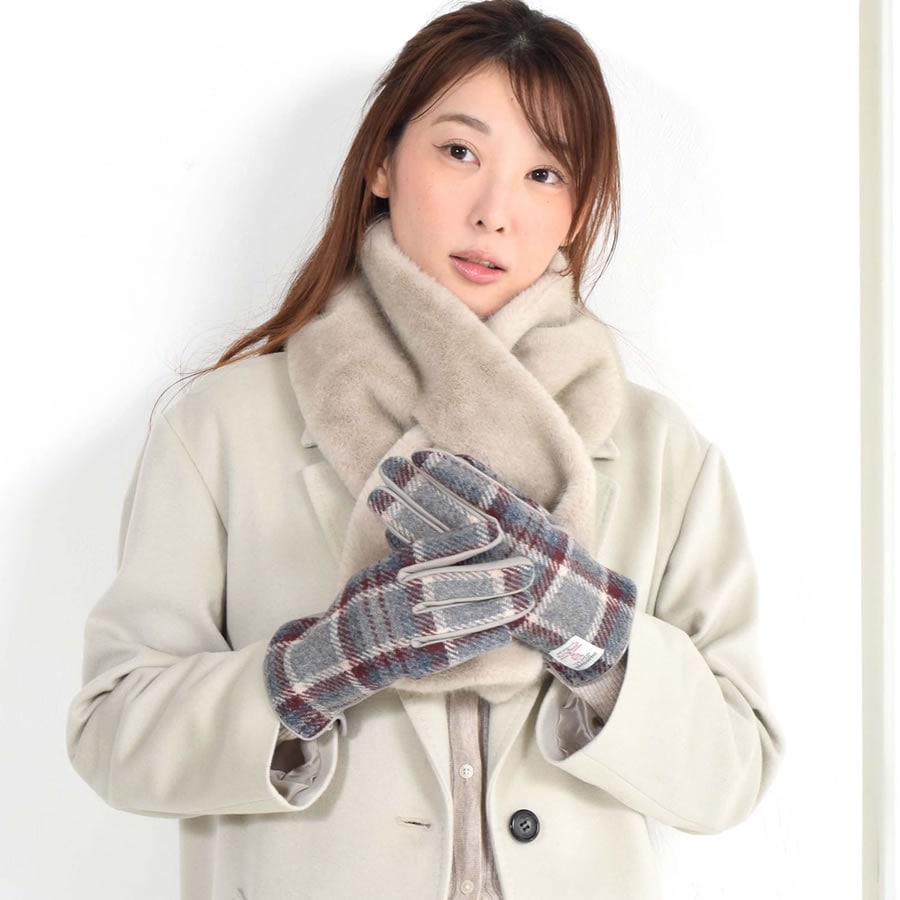ファー マフラー＆ハリスツイード 手袋 エコファー ギフト セット[Merfirge] Harris Tweed 本革 ラム革 レザー グローブ  スマホ手袋 ウール クリスマス ギフト (XS2530)
