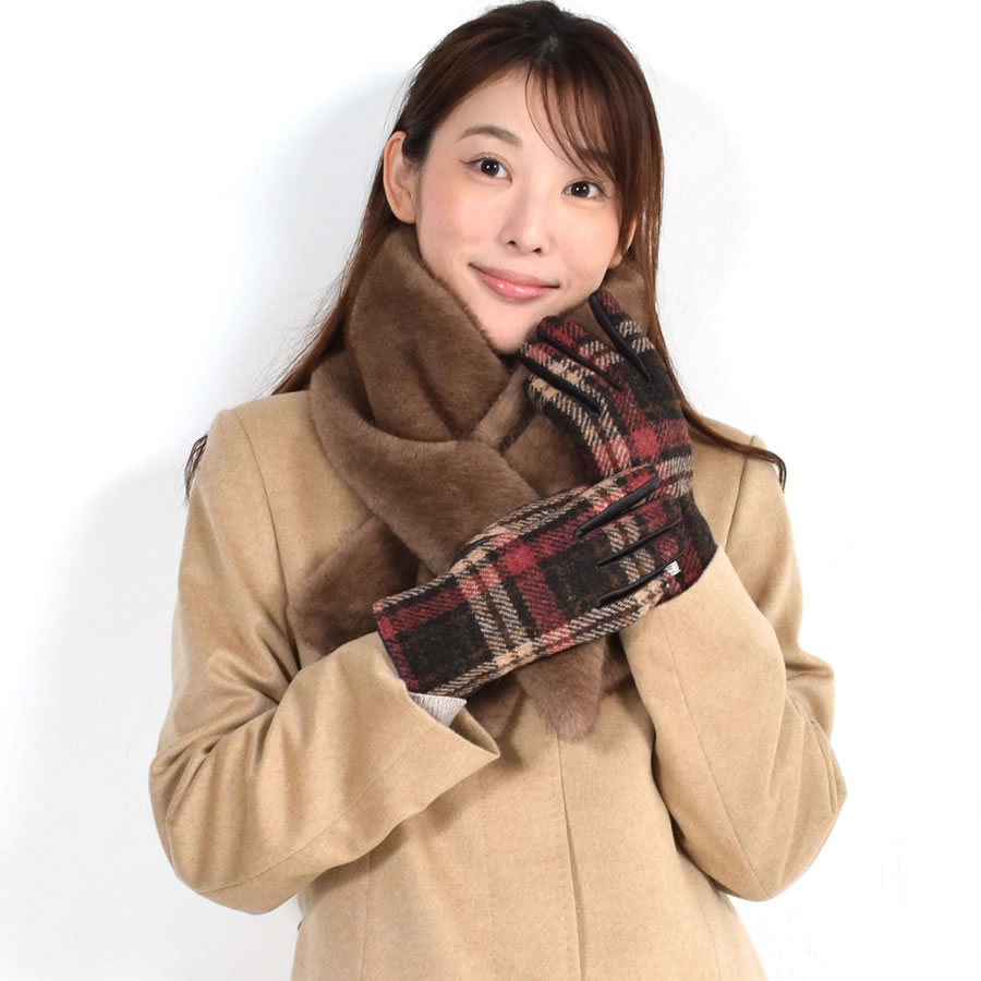 ファー マフラー＆ハリスツイード 手袋 エコファー ギフト セット[Merfirge] Harris Tweed 本革 ラム革 レザー グローブ  スマホ手袋 ウール クリスマス ギフト (XS2530)