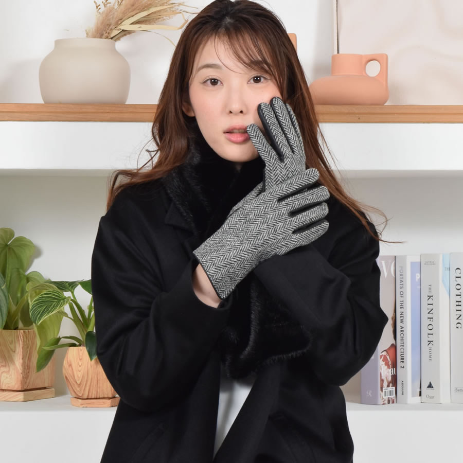 ファー マフラー＆ハリスツイード 手袋 エコファー ギフト セット[Merfirge] Harris Tweed 本革 ラム革 レザー グローブ  スマホ手袋 ウール クリスマス ギフト (XS2530)