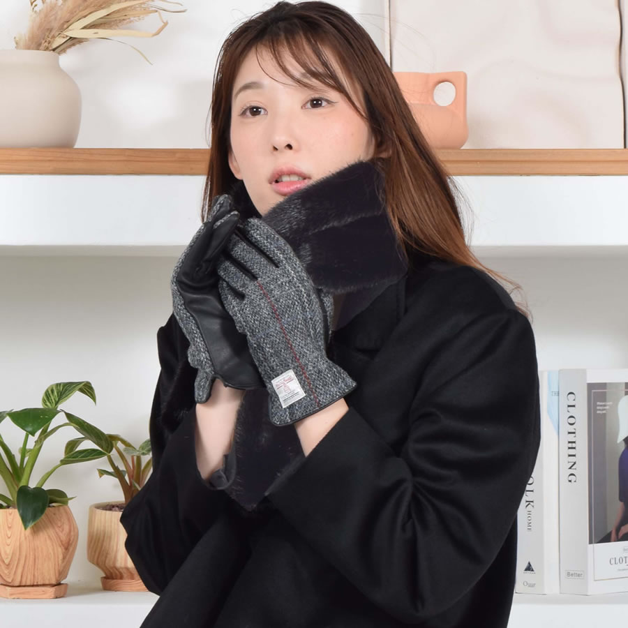 ファー マフラー＆ハリスツイード 手袋 エコファー ギフト セット[Merfirge] Harris Tweed 本革 ラム革 レザー グローブ  スマホ手袋 ウール クリスマス ギフト (XS2530)