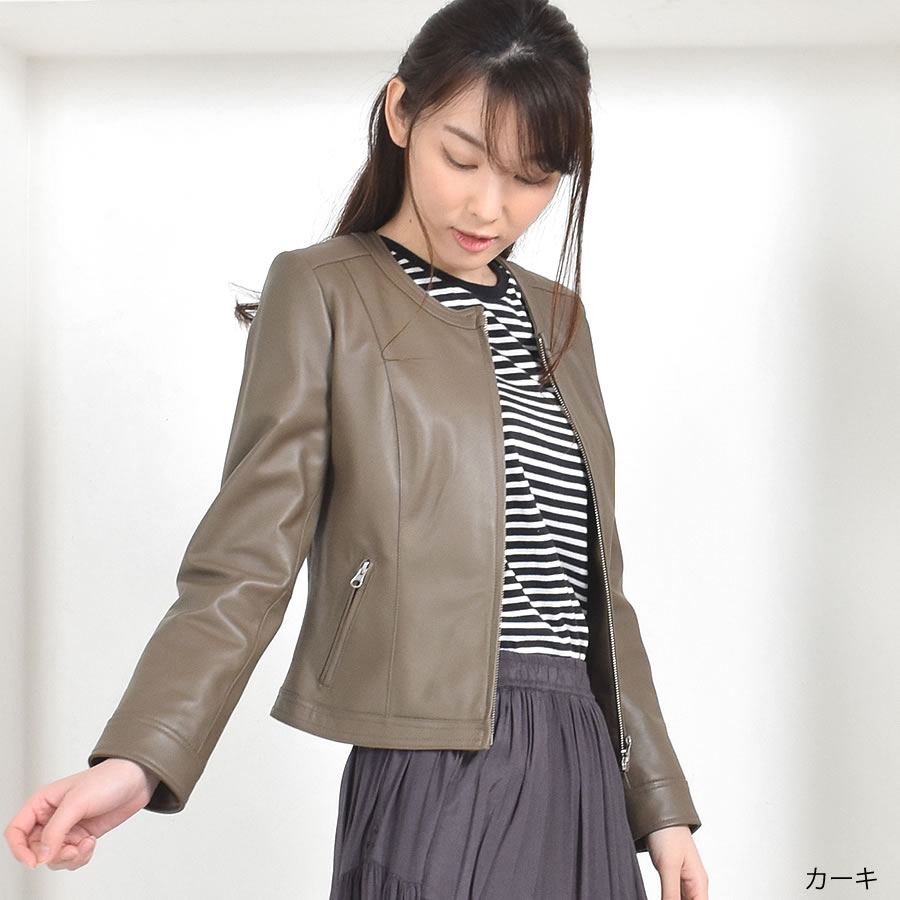 レザージャケット[Merfirge] ラム レザー ノーカラージャケット レディス 結婚式 レザー プレゼント 本革 本皮  ライダースジヤケット