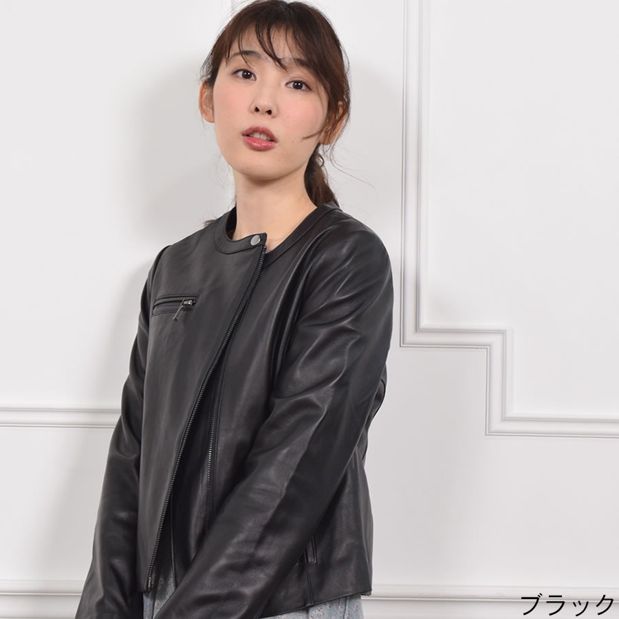 ライダースジャケット[Merfirge]ラムレザー  ノーカラーレディース レディス 結婚式 レザー プレゼント 本革 本皮 レザージャケット (kt61151)