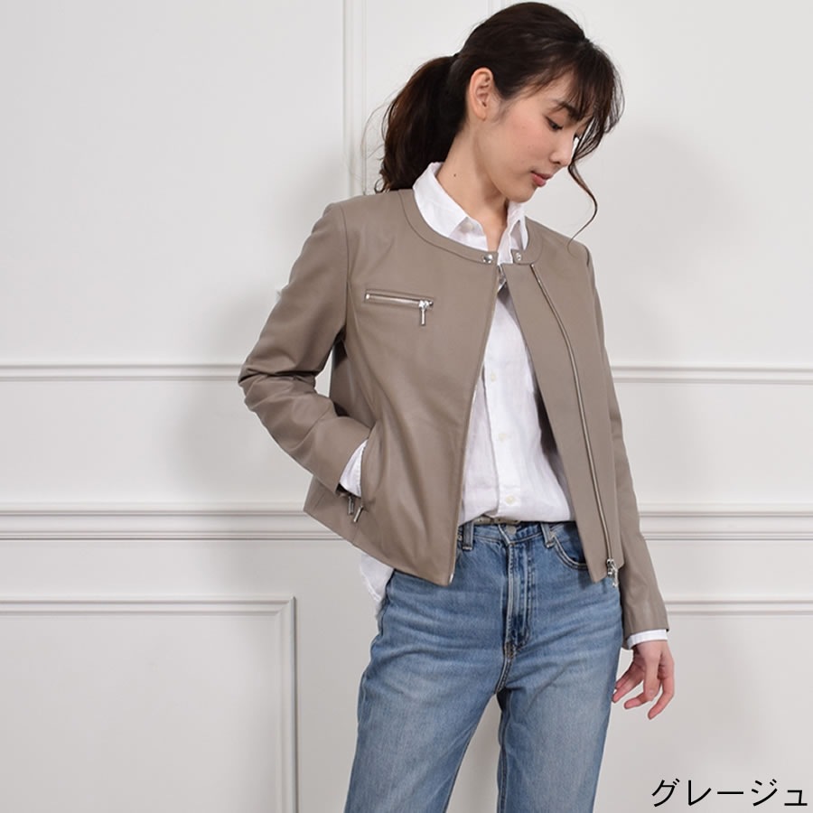 ライダースジャケット[Merfirge]ラムレザー  ノーカラーレディース レディス 結婚式 レザー プレゼント 本革 本皮 レザージャケット (kt61151)