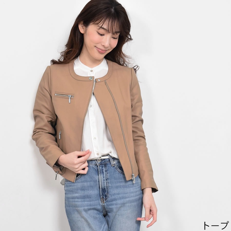 ライダースジャケット[Merfirge]ラムレザー  ノーカラーレディース レディス 結婚式 レザー プレゼント 本革 本皮 レザージャケット (kt61151)