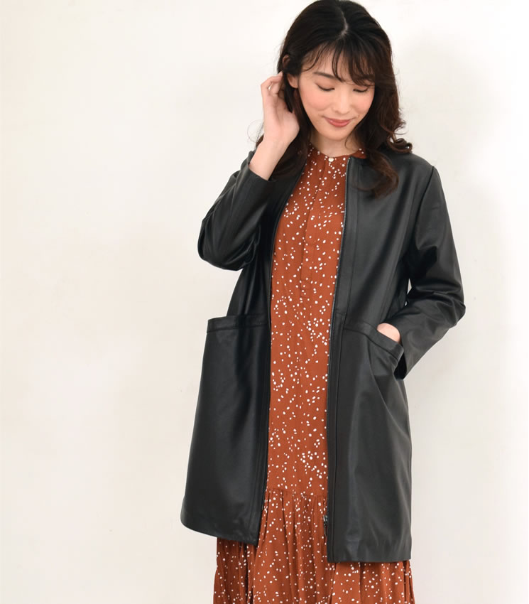 本革 ラム レザー パンチング ノーカラー コート   [Merfirge]パンチングレザー ドット柄 レディース ジャケット 秋 冬 春 ノーカラー 襟なし (kt8021)