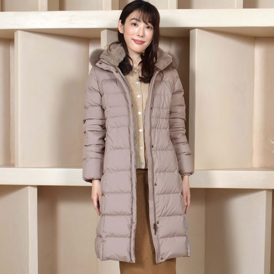 ダウンコート レディース  セミ ロング メルファージュ ダウン90% フォックス ファー フード付き ダウン コート ロングコート ロング丈コート【着丈約100CM】 (d3415)