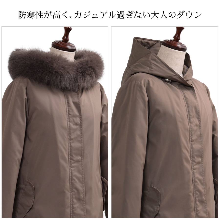 ダウンコート レディース  ステッチレス SAGAフォックス ファー ミディアム メルファージュ ダウン90% フード付き ダウン コート ミディアムコート ミディアム丈(D3410)