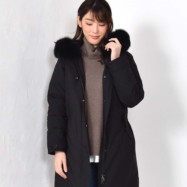 ダウンコート レディース  ステッチレス SAGAフォックス ファー ミディアム メルファージュ ダウン90% フード付き ダウン コート ミディアムコート ミディアム丈(D3410)