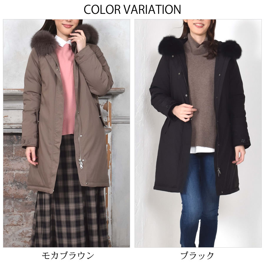 ダウンコート レディース  ステッチレス SAGAフォックス ファー ミディアム メルファージュ ダウン90% フード付き ダウン コート ミディアムコート ミディアム丈(D3410)