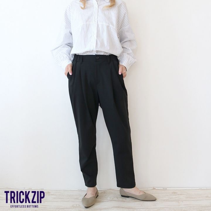 NEWトリックジップ きれいめポンチのタックテーパードパンツ BK