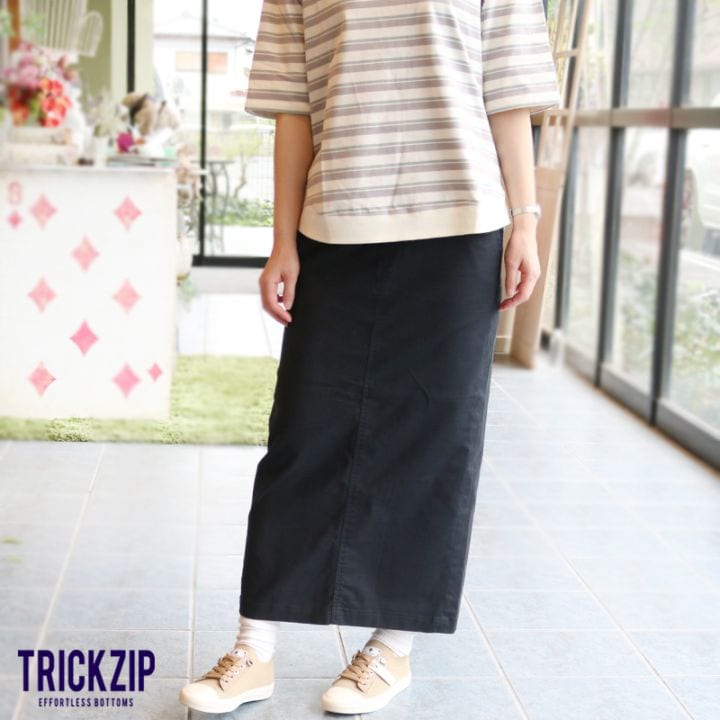 トリックジップ 綿麻オックスのロングスカート BK