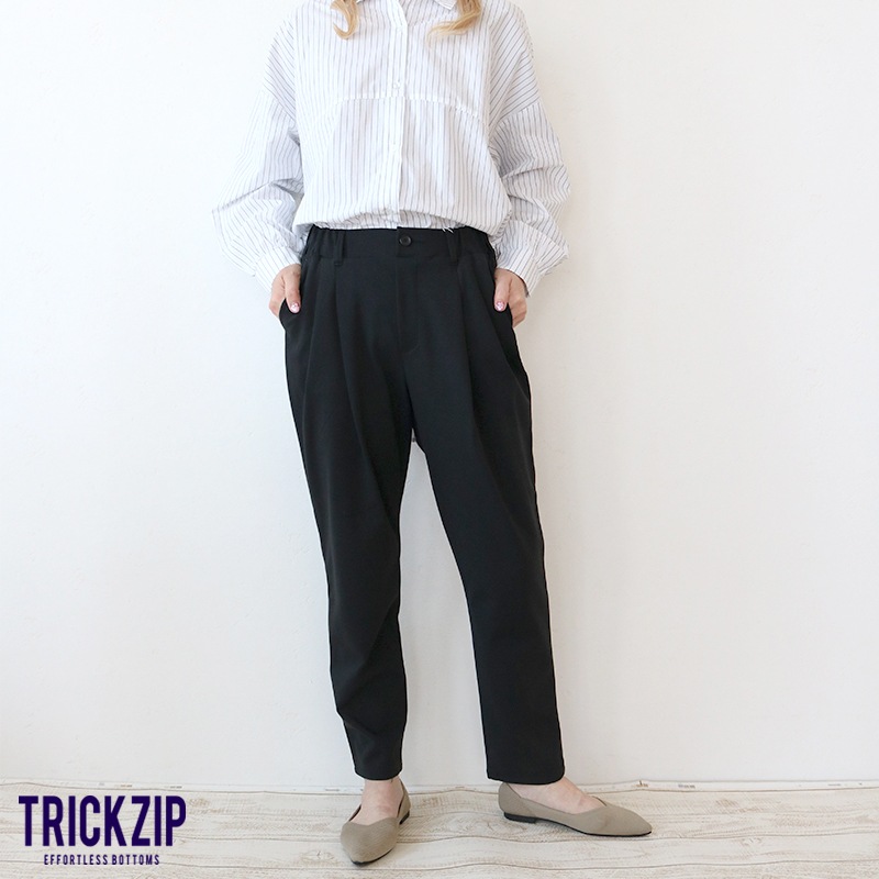 【3/15まで1000円引】トリックジップ きれいめポンチのタックテーパードパンツ BK