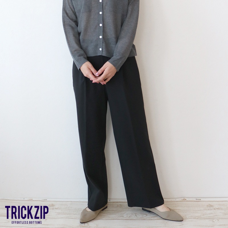 【3/15まで1000円引】トリックジップ きれいめポンチのタックストレートパンツ BK