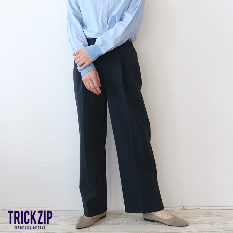 【3/15まで1000円引】トリックジップ きれいめポンチのタックストレートパンツ NV