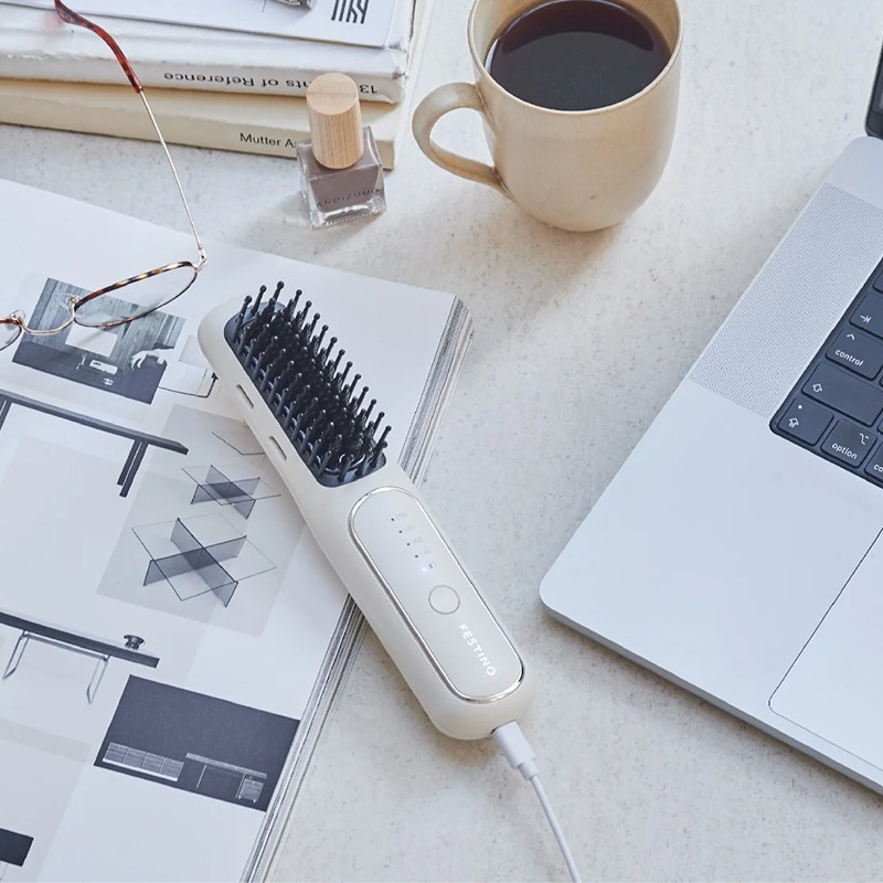 FESTINO 充電式 スタイリング ヒーターブラシ サンドベージュ