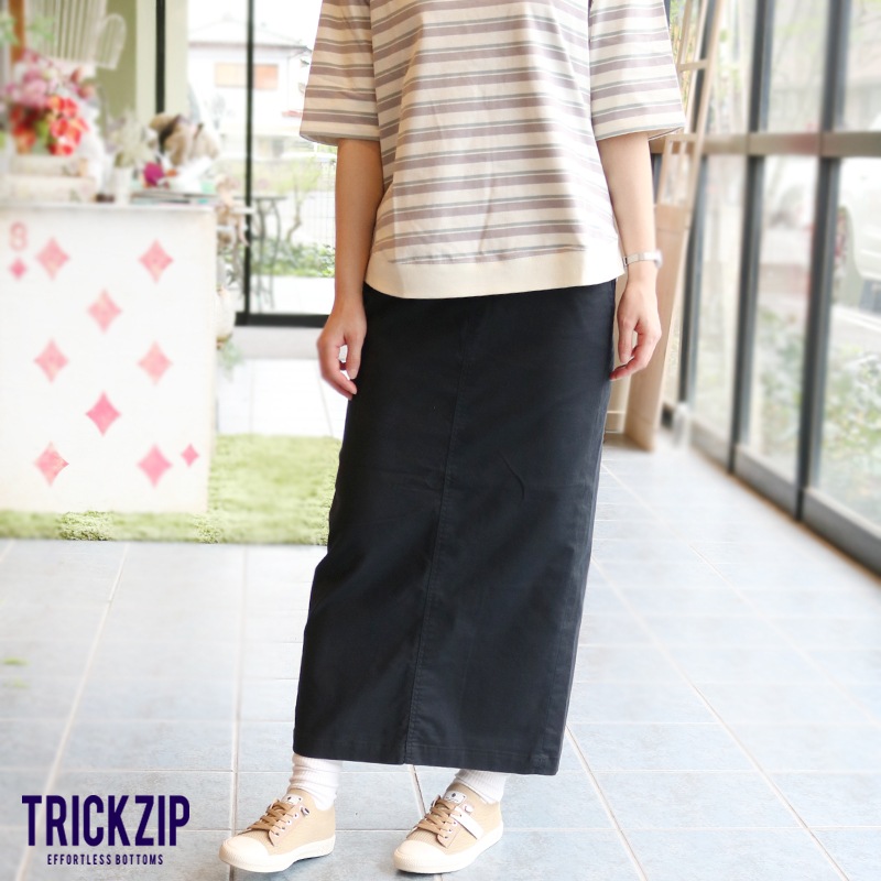 トリックジップ 綿麻オックスのロングスカート BK
