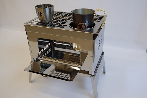 笑's コンパクト焚き火グリル B-GO カン(燗)グリル・4点セット(B-GO本体・ステンレスメッシュカングリル・純銅　酒たんぽ・SUS二重ぐい呑み)