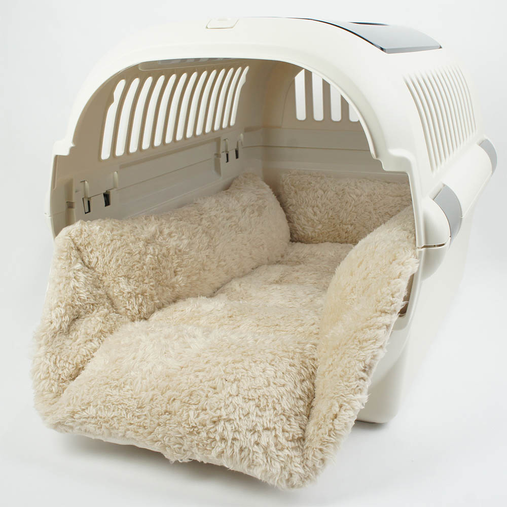 カミカミ大好きちゃん用 ８号帆布生地 キャリークッションベッド/クレートクッション 生成ファー Mサイズ