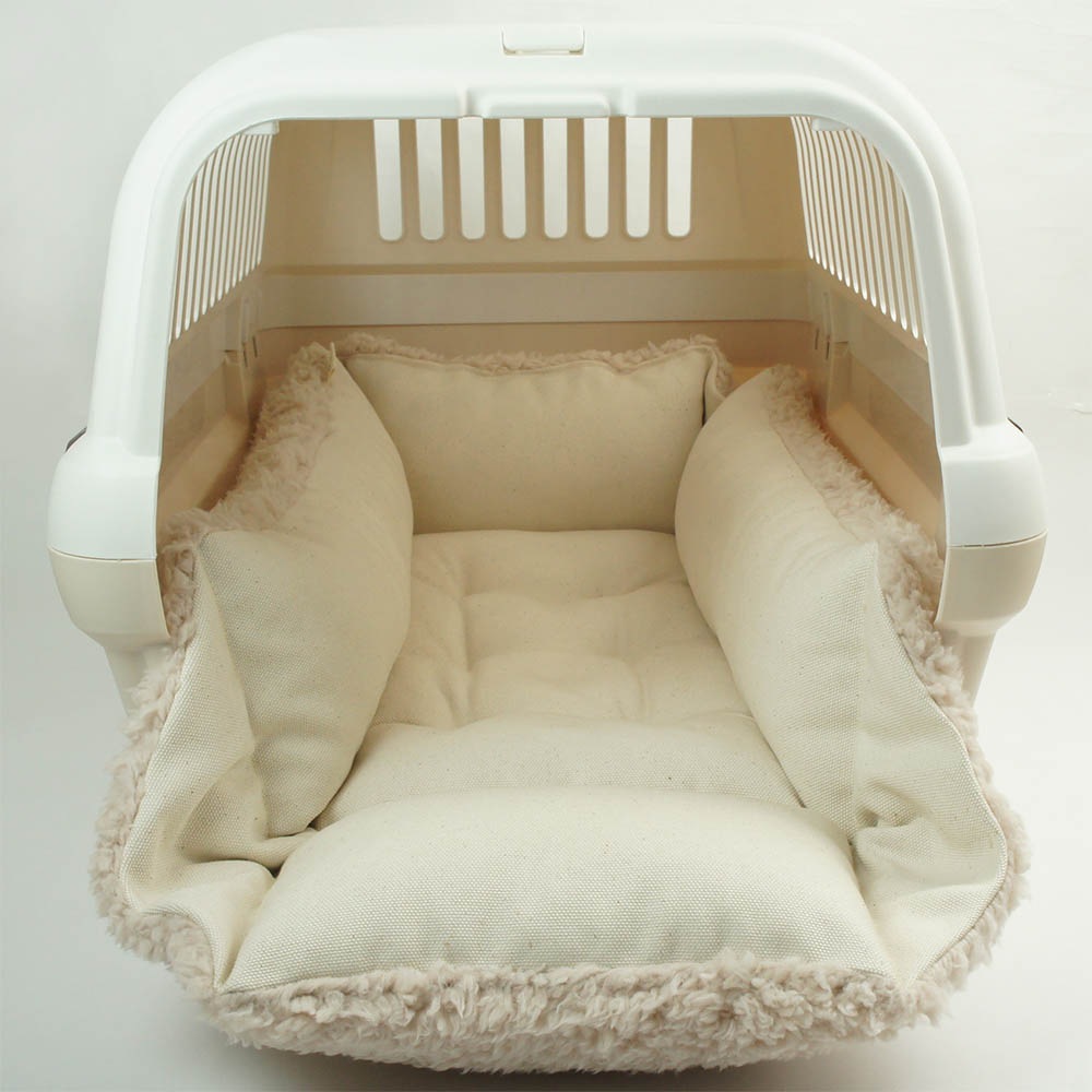 カミカミ大好きちゃん用 ８号帆布生地 キャリークッションベッド/クレートクッション 生成ファー Mサイズ