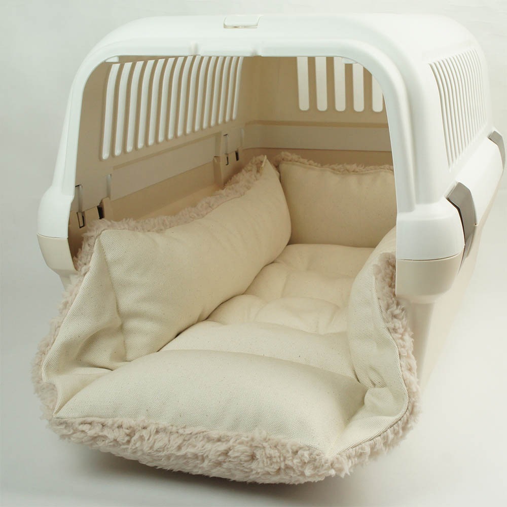 カミカミ大好きちゃん用 ８号帆布生地 キャリークッションベッド/クレートクッション 生成ファー Mサイズ