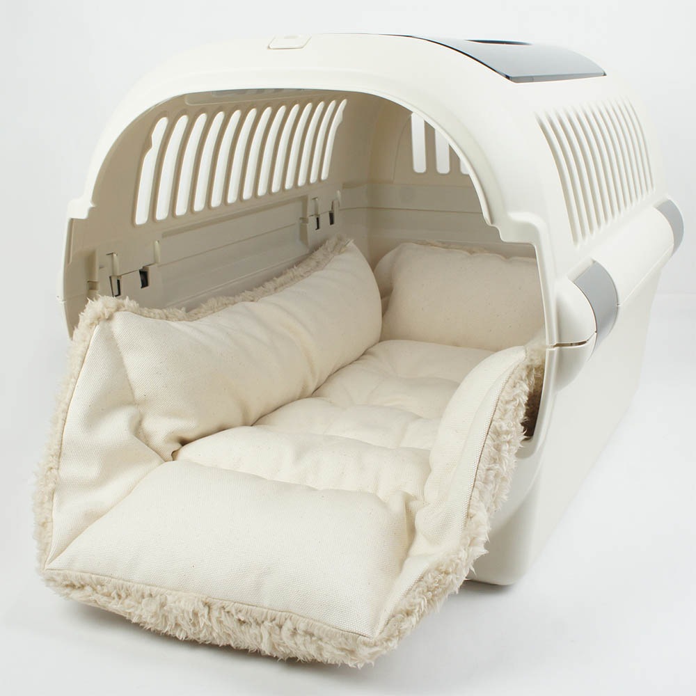 カミカミ大好きちゃん用 ８号帆布生地 キャリークッションベッド/クレートクッション 生成ファー Mサイズ