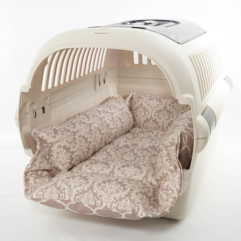 ペットが喜ぶ キャリークッションベッド/クレートクッション ダマスクモロッカン ベージュ Mサイズ