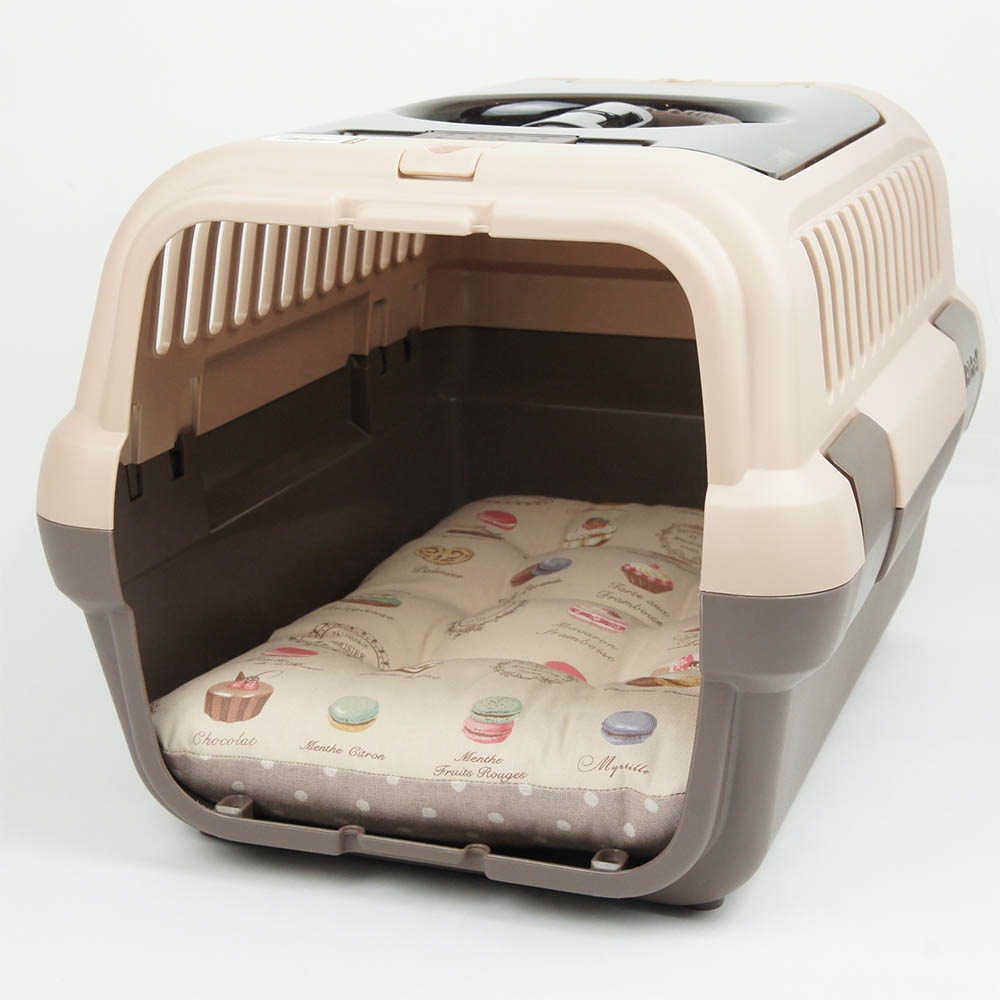 縁無しクッションベッド/クレートクッション マカロンベージュドットローズベージュ Sサイズ