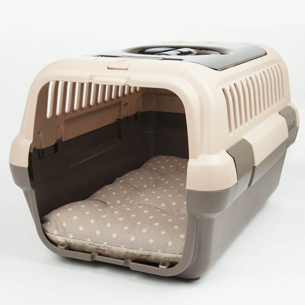 縁無しクッションベッド/クレートクッション マカロンベージュドットローズベージュ Sサイズ