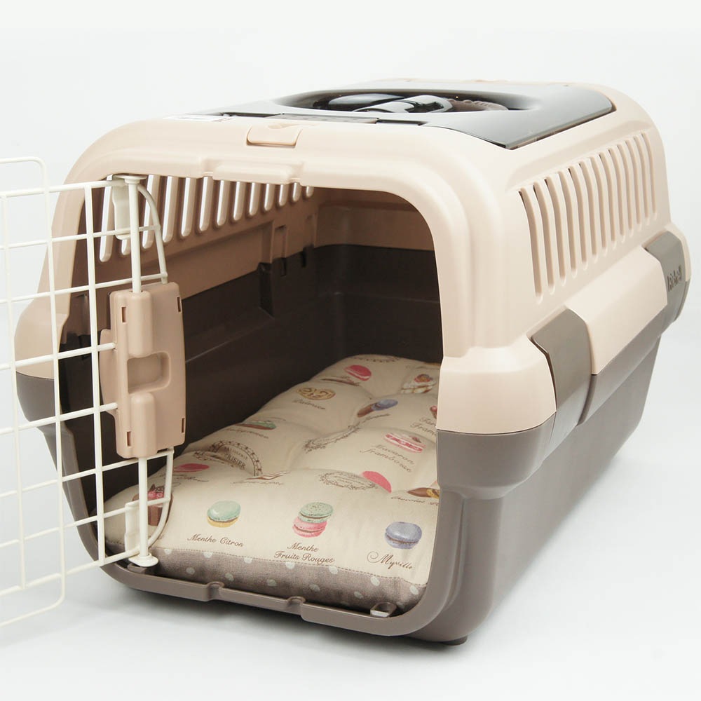 縁無しクッションベッド/クレートクッション マカロンベージュドットローズベージュ Sサイズ