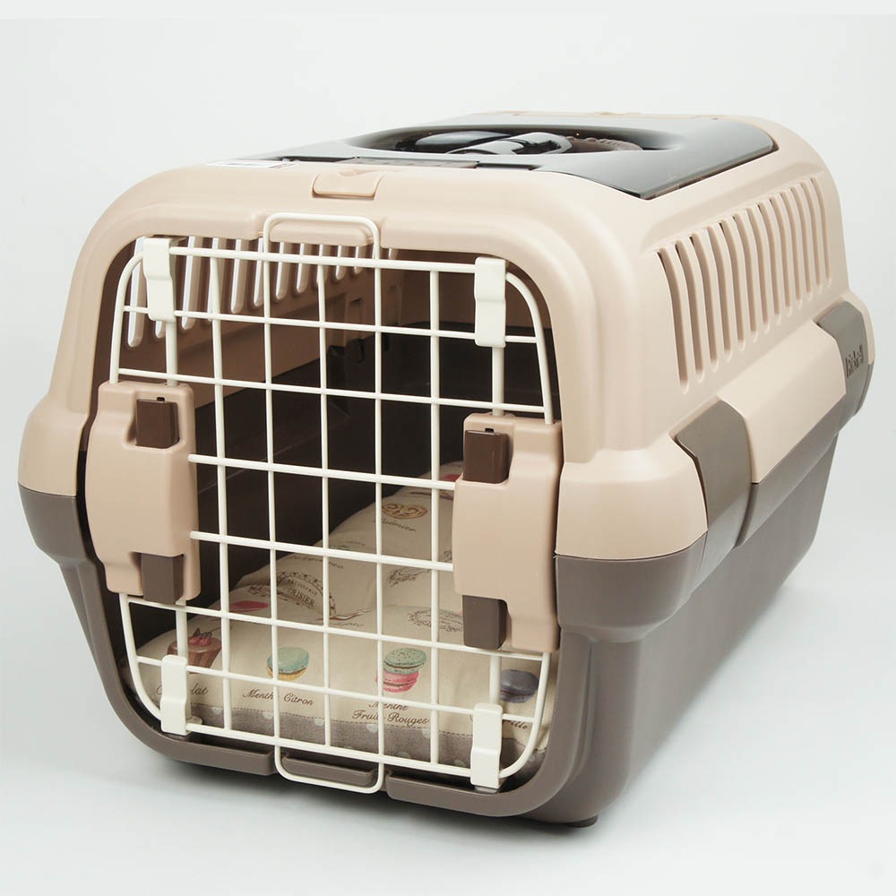 縁無しクッションベッド/クレートクッション マカロンベージュドットローズベージュ Sサイズ