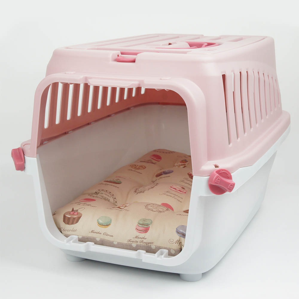 縁無しクッションベッド/クレートクッション マカロンベージュドットローズベージュ Sサイズ