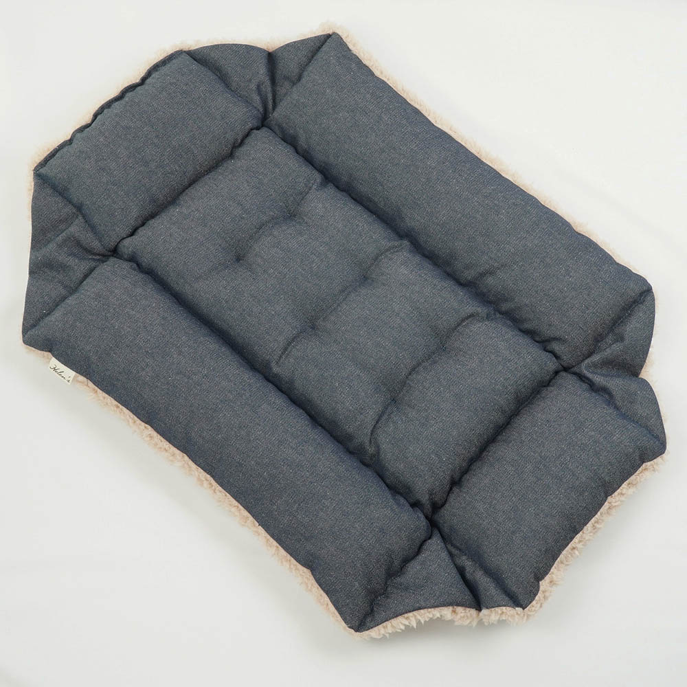 ペットが喜ぶ キャリークッションベッド/クレートクッション 10オンスデニムネイビーファー Sサイズ