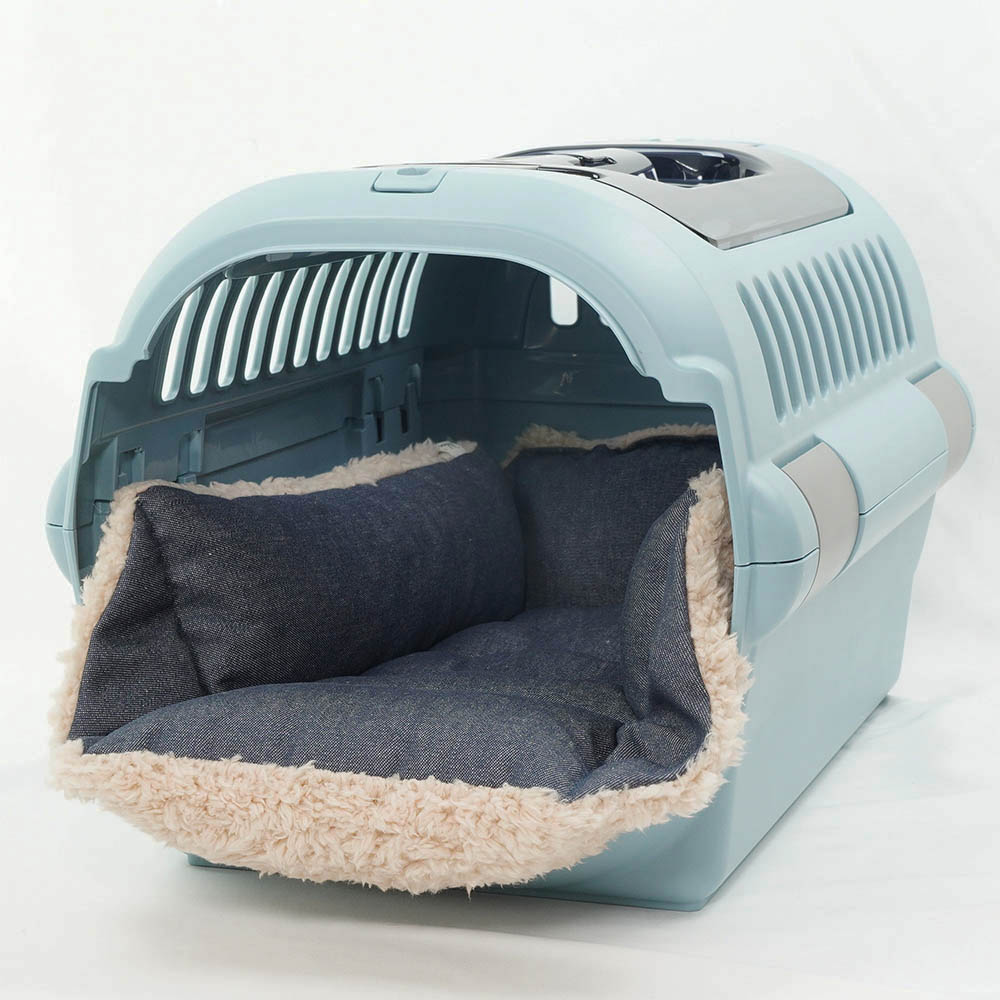 ペットが喜ぶ キャリークッションベッド/クレートクッション 10オンスデニムネイビーファー Sサイズ