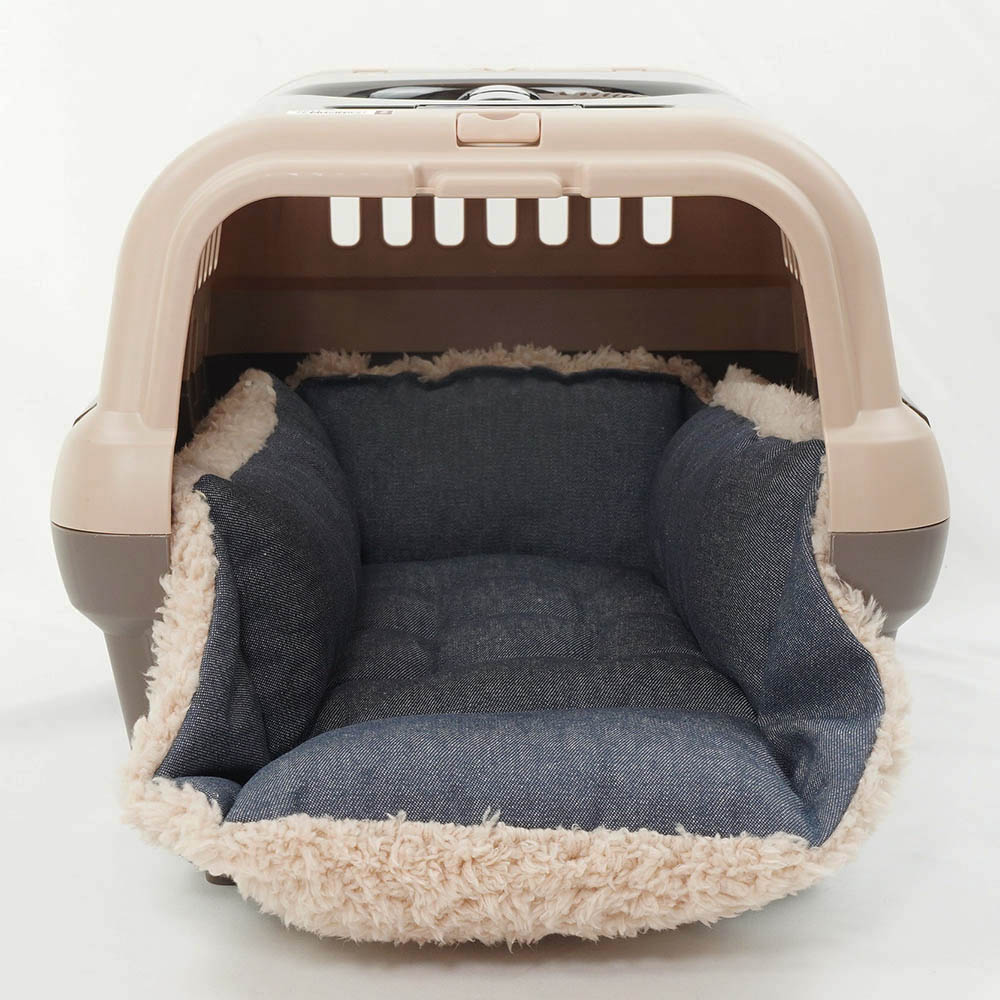 ペットが喜ぶ キャリークッションベッド/クレートクッション 10オンスデニムネイビーファー Sサイズ