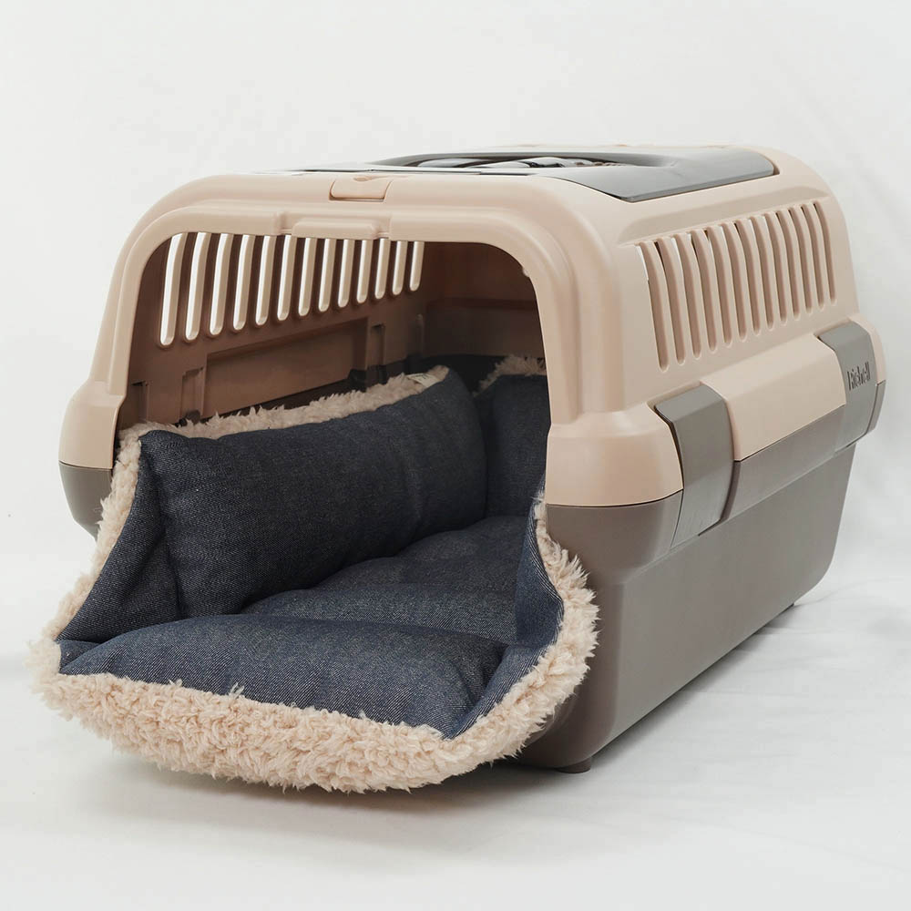 ペットが喜ぶ キャリークッションベッド/クレートクッション 10オンスデニムネイビーファー Sサイズ