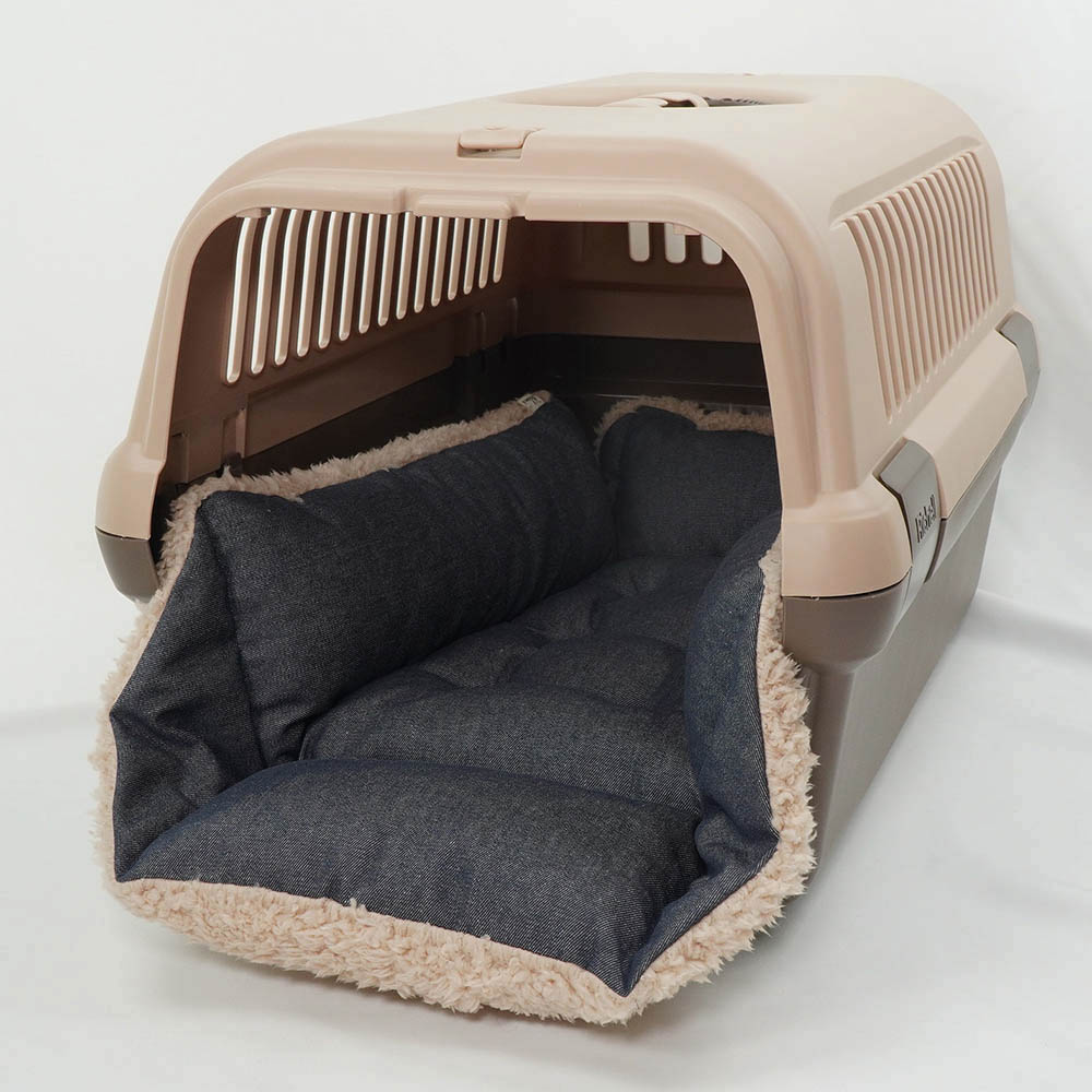 ペットが喜ぶ キャリークッションベッド/クレートクッション 10オンスデニムネイビーファー Mサイズ