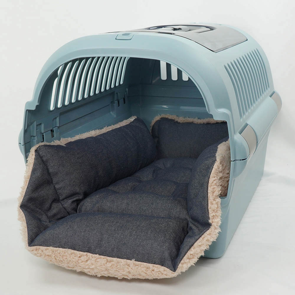 ペットが喜ぶ キャリークッションベッド/クレートクッション 10オンスデニムネイビーファー Mサイズ