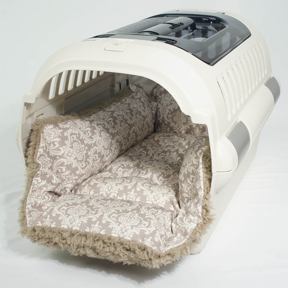 ペットが喜ぶ キャリークッションベッド/クレートクッション ダマスク ベージュファー Sサイズ