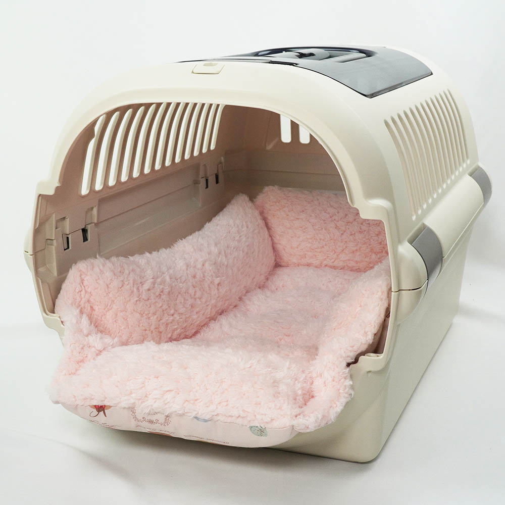 ペットが喜ぶ キャリークッションベッド/クレートクッション マカロンシャービーピンクファー Mサイズ