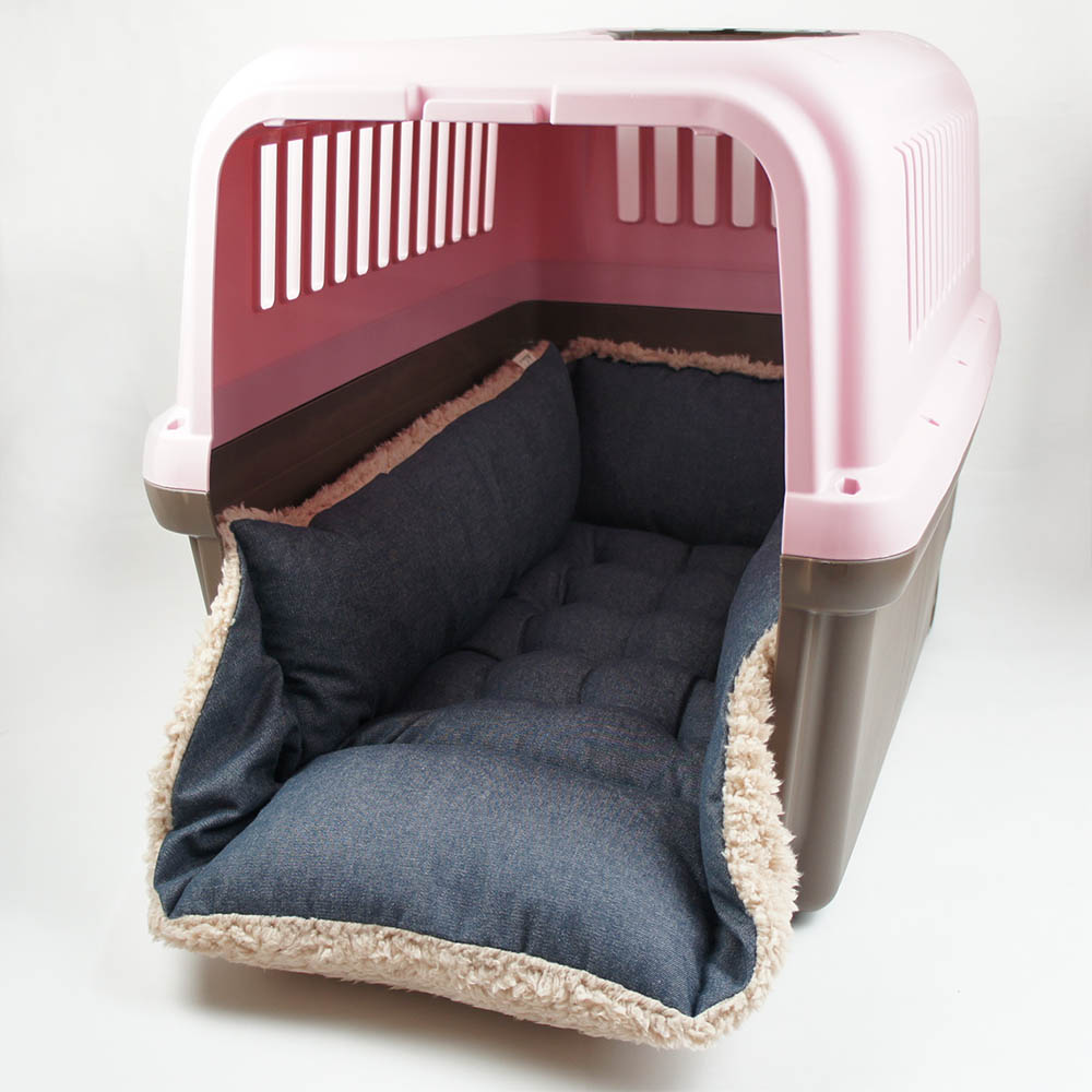 ペットが喜ぶ キャリークッションベッド/クレートクッション 10オンスデニムネイビーファー Ｌサイズ