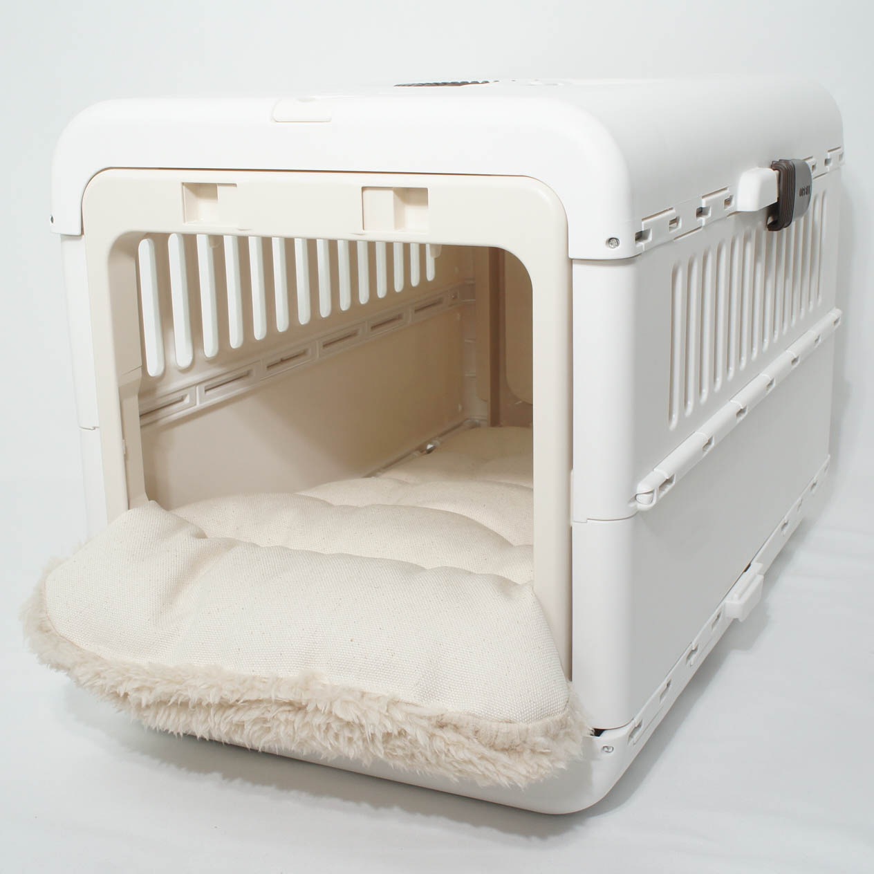 あごのせ縁無しクッション/クレートクッション カミカミ大好きちゃん用 ８号帆布生地 生成ファー Sサイズ