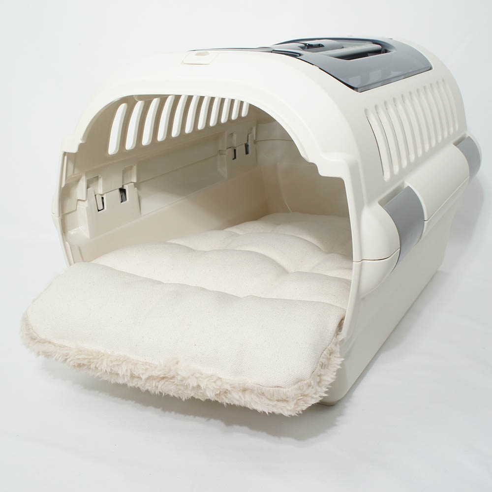 あごのせ縁無しクッション/クレートクッション カミカミ大好きちゃん用 ８号帆布生地 生成ファー Sサイズ